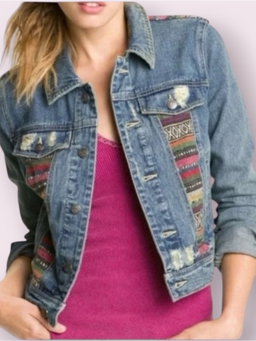 Free People Baja Distressed Denim Jacket Boho Aztec Southwestern Blue Size 0